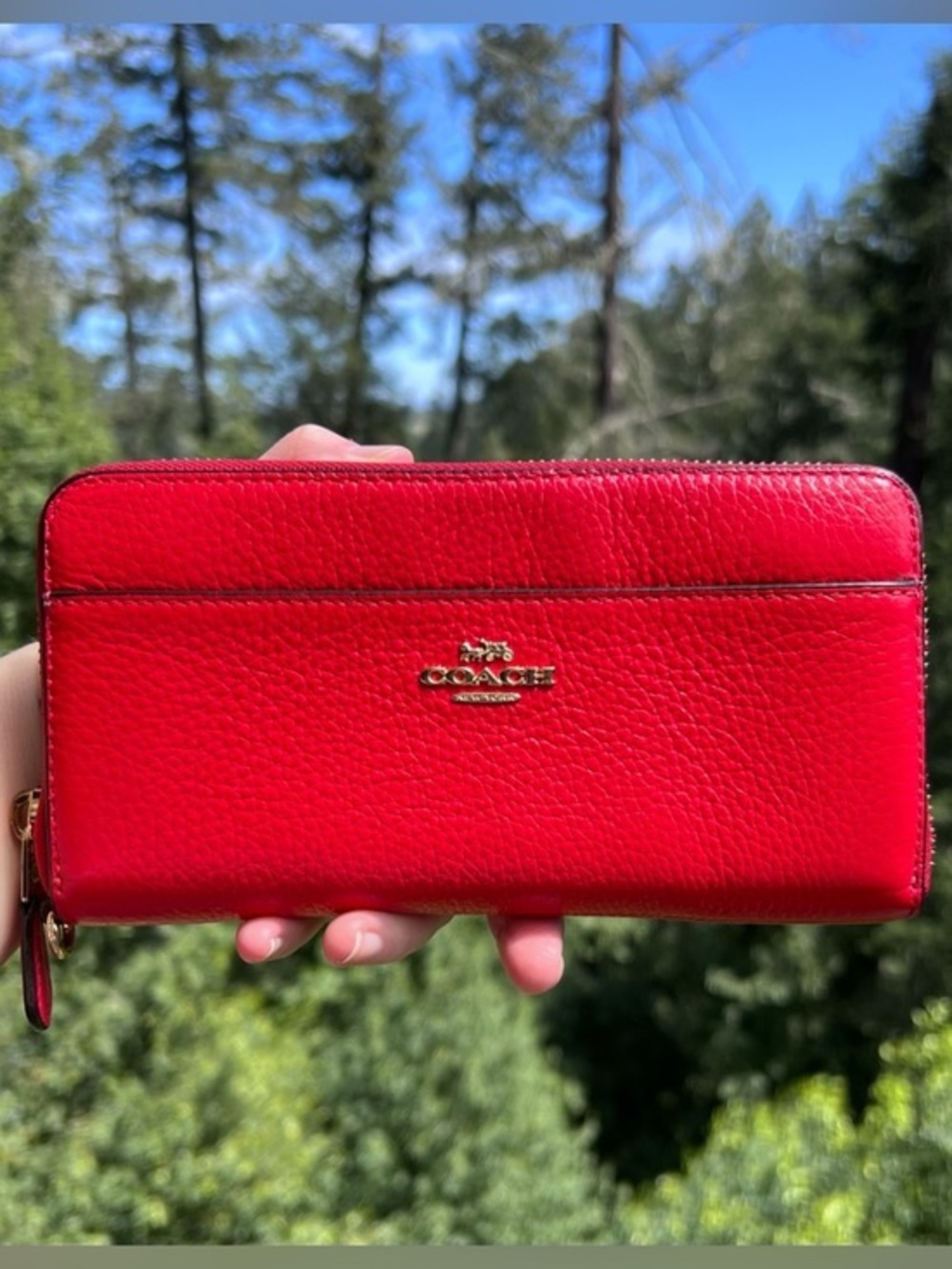 COACH Long Zip-Around Red Pebble Leather Wallet w Gold Hardware AUTHENTIC